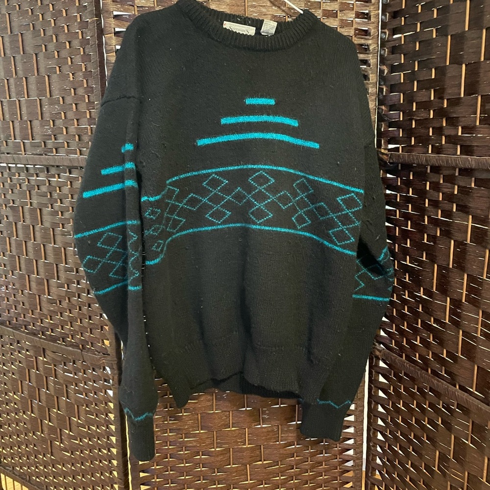 Vintage 80s Blue and Black Thick Wool Sweater - Size Mens Medium/Tall